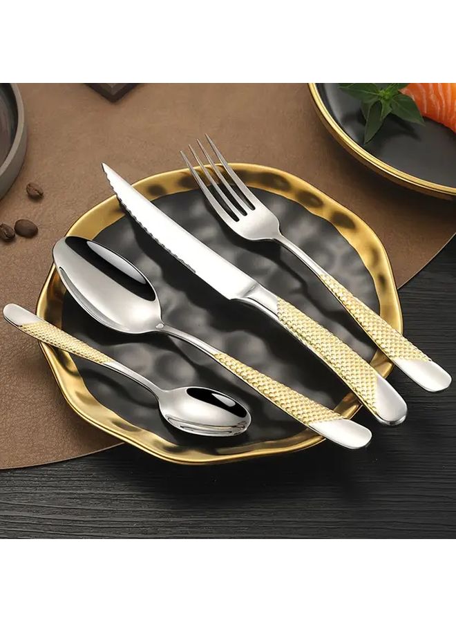 24 Pcs Stainless Steel Flatware Set Diamond Pattern Cutlery For 6 Dishwasher Safe Silvery - Image 2